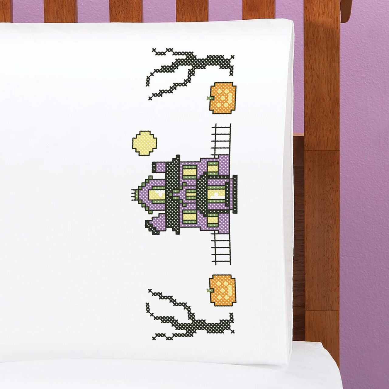 Herrschners Halloween Haunts Pillowcase Pair Stamped Cross-Stitch